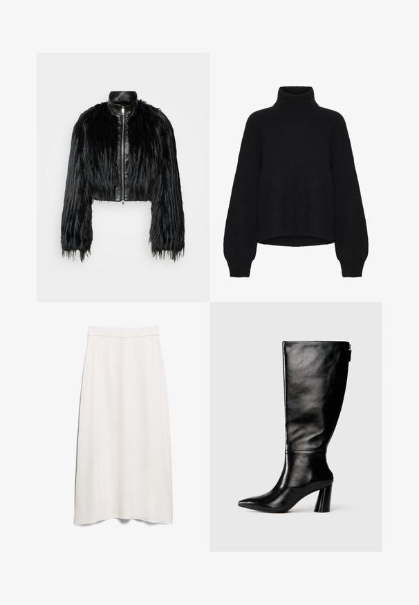 Fekete crop dzseki, amely hosszú műszőrme ujjakkal, fekete bőr gallérral és elöl cipzárral kombinálva, texturált, bolyhos felülettel rendelkezik.; Fekete garbó pulóver, cropped kialakítással, bolyhos anyagból készült. Széles ujjak jellemzik, és bordázott textúra található a nyakkivágásnál.; Fehér A-vonalú szoknya sima anyagból, magas derékbőséggel és földig érő kialakítással, finom redőzéssel.; Térd fölé érő fekete bőr csizma hegyes orral, sima felülettel és vastag sarkal. A hátsó részen cipzár részlet található.