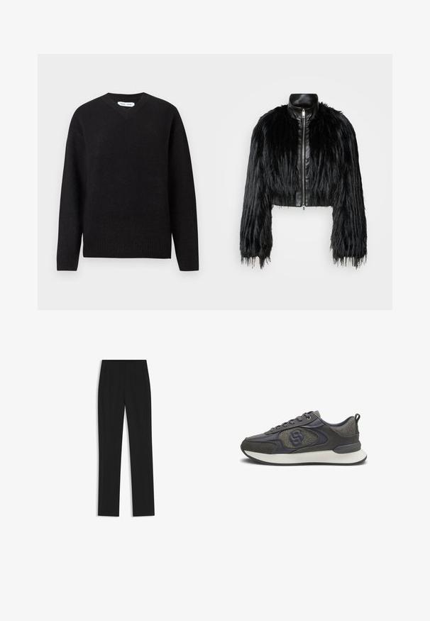 Chaqueta negra corta que combina mangas largas de piel sintética con un collar de cuero negro y cremallera frontal, con un acabado texturizado y despeinado.; Suéter negro de cuello en V en una suave mezcla de lana, con mangas largas y puños y dobladillo acanalados. Diseño simple y clásico sin patrones ni acentos.; Pantalones de traje negros con un diseño de pierna recta, que cuentan con bolsillos delanteros y una tela suave y texturizada. Detalles limpios y minimalistas.; Zapatilla baja en gris y negro con tela texturizada, detalles de cuero, cordones en la parte delantera, suela blanca acolchada y una lengüeta en el talón.
