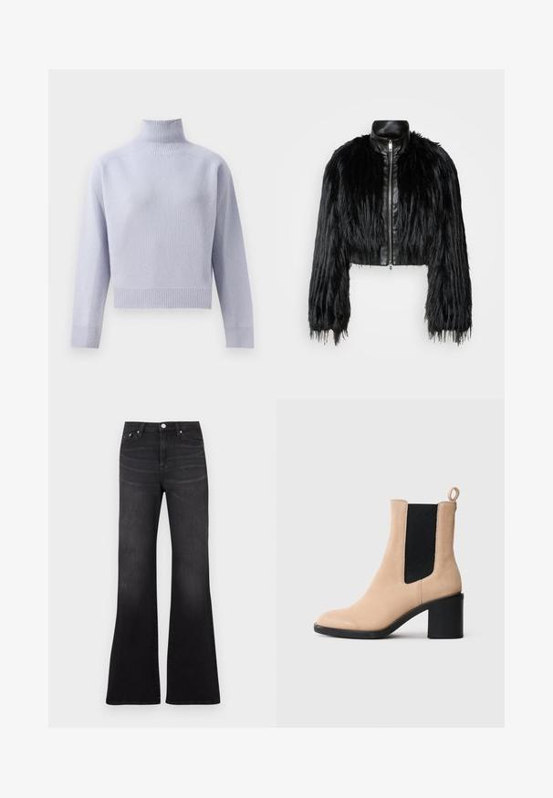 Black cropped jacket combining long faux fur sleeves with a black leather collar and front zipper, featuring a textured, shaggy finish.; Light purple ribbed turtleneck sweater with long sleeves and a cropped hem, displayed on a white background.; Black flared jeans in a denim fabric, featuring a high waist, five-pocket design, and a slight fade towards the legs' hem.; Beige suede ankle boot with a block heel, featuring a black elastic gusset and pull tab at the back. Smooth texture and rounded toe design.