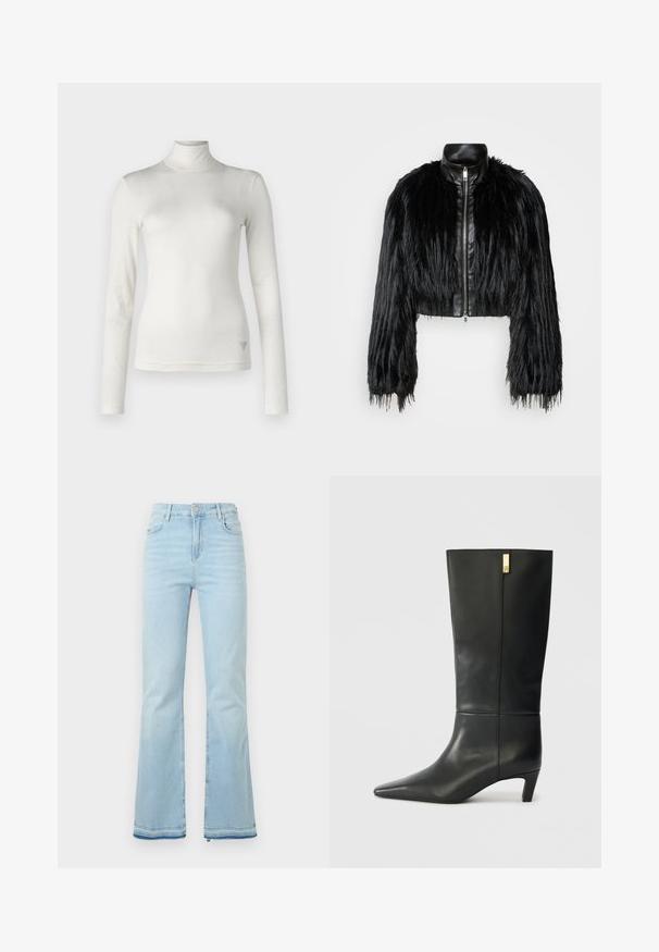 Black cropped jacket combining long faux fur sleeves with a black leather collar and front zipper, featuring a textured, shaggy finish.; White long-sleeve turtleneck top made of soft fabric with a smooth texture. Features a subtle logo accent on the lower side.; Light blue flared jeans made of denim, featuring a high waist, front pockets, and a raw hem at the cuffs for a casual look.; Black leather knee-high boot with a pointed toe and a small heel. Features a sleek design with a gold accent detail. Smooth texture.