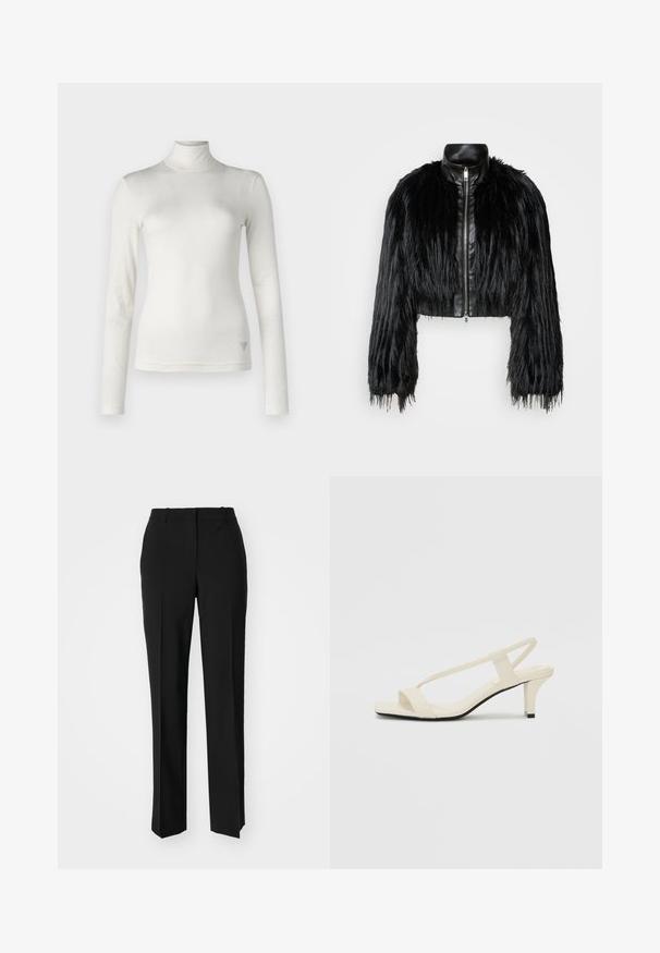 Black cropped jacket combining long faux fur sleeves with a black leather collar and front zipper, featuring a textured, shaggy finish.; White long-sleeve turtleneck top made of soft fabric with a smooth texture. Features a subtle logo accent on the lower side.; Black tailored trousers with a straight-leg design, featuring a smooth texture and crisp creases along the front. No visible hardware.; Beige block-heeled sandals with thin straps and a square toe. Smooth material with minimal detailing, designed for easy wear.