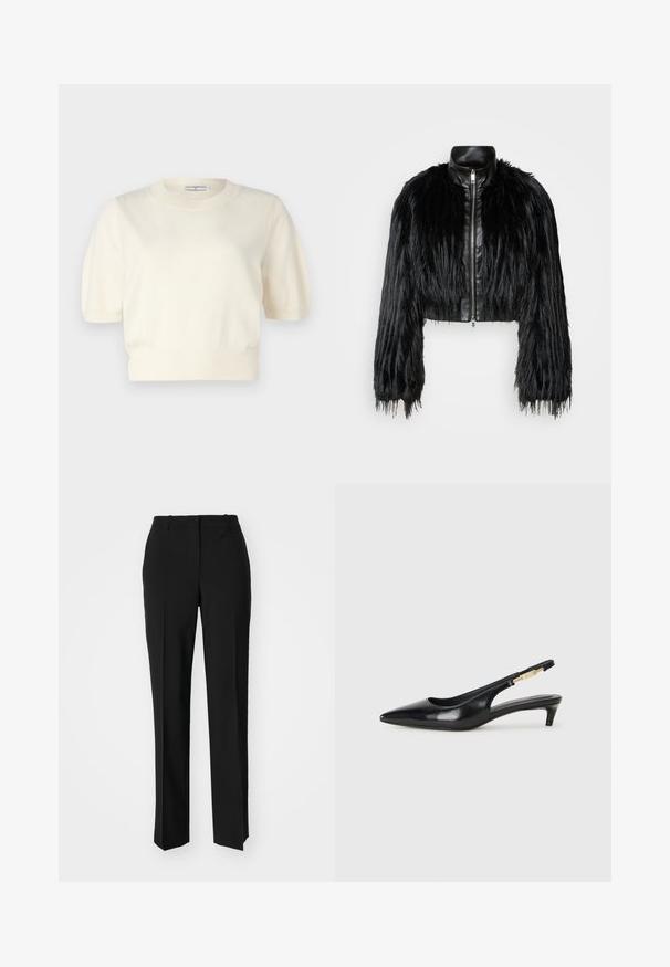 Black cropped jacket combining long faux fur sleeves with a black leather collar and front zipper, featuring a textured, shaggy finish.; pure cashmere PUFF SHORTSLEEVE - Jumper - white; Black tailored trousers with a straight-leg design, featuring a smooth texture and crisp creases along the front. No visible hardware.; Black leather slingback heels with a pointed toe, featuring a slim heel and a gold-tone accent on the adjustable strap. Smooth texture.