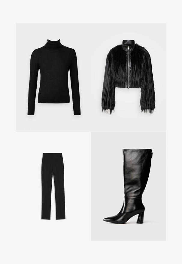 Czarna krótka kurtka z długimi futrzanymi rękawami z sztucznego futra, z czarnym skórzanym kołnierzem i frontowym zamkiem błyskawicznym, charakteryzująca się teksturowanym, kudłatym wykończeniem.; Czarny sweter z golfem wykonany z miękkiego dzianiny. Dopasowany krój z długimi rękawami oraz prążkowanym dekoltem i dół.; Czarne spodnie o dopasowanym kroju z prostymi nogawkami, z przednimi kieszeniami i gładką, teksturowaną tkaniną. Schludne, minimalistyczne wykończenie.; Czarny skórzany but do kolan z ostro zakończonym noskiem, gładką fakturą i grubym obcasem. Posiada zamek z tyłu.