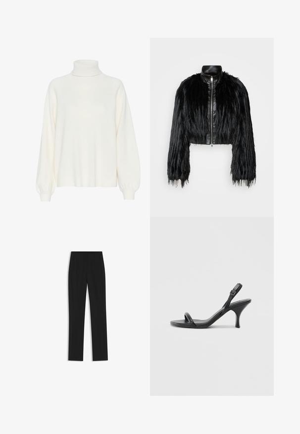 Schwarze, kurz geschnittene Jacke mit langen, gefälschten Pelzärmeln, einem schwarzen Lederkragen und einem Reißverschluss vorne, die eine strukturierte, fusselige Oberfläche hat.; Beige Rollkragenpullover mit einer weichen, gestrickten Textur. Hat lange Ärmel mit gerippten Bündchen und ein entspanntes Design.; Schwarze maßgeschneiderte Hose mit geradem Bein, ausgestattet mit Fronttaschen und einem glatten, strukturierten Stoff. Saubere, minimale Details.; Schwarze Leder-Sandalen mit hohen Absätzen, schlankem, gebogenem Absatz und gekreuztem Riemendesign. Verstellbarer Knöchelriemen. Glatte Textur.
