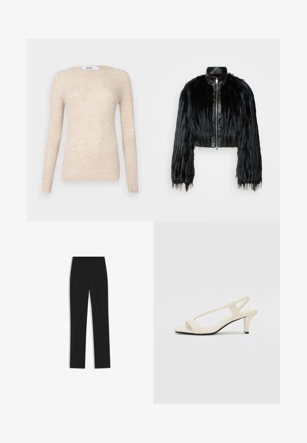 Schwarze, kurz geschnittene Jacke mit langen, gefälschten Pelzärmeln, einem schwarzen Lederkragen und einem Reißverschluss vorne, die eine strukturierte, fusselige Oberfläche hat.; Beige langärmliges Oberteil aus geripptem Stoff, mit klassischem Rundhalsausschnitt und weichem Gefühl, in minimalistischem Design.; Schwarze maßgeschneiderte Hose mit geradem Bein, ausgestattet mit Fronttaschen und einem glatten, strukturierten Stoff. Saubere, minimale Details.; Beige Blockabsatzsandalen mit dünnen Riemen und quadrater Spitze. Glattes Material mit minimalem Design, entworfen für einfaches Tragen.