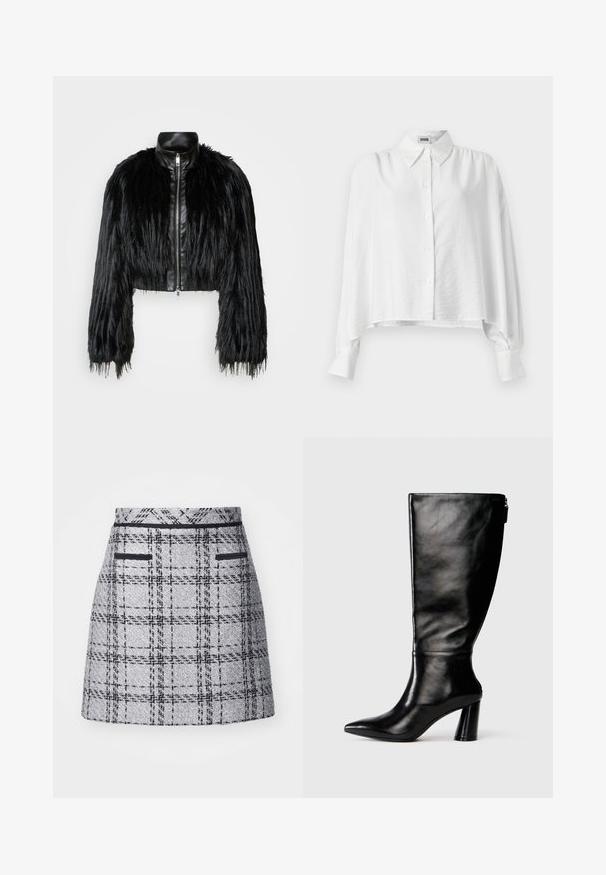 Fekete crop dzseki, amely hosszú műszőrme ujjakkal, fekete bőr gallérral és elöl cipzárral kombinálva, texturált, bolyhos felülettel rendelkezik.; Fehér, laza szabású gombos ing, sparhelt nyakkal, hosszú ujjakkal és enyhén rövidített szegéllyel. Simány, könnyű anyag.; Szürke kockás szoknya, amely textúrált anyagból készült, karcsú fazonú és fekete díszítéssel rendelkezik. Két elülső zseb található rajta fekete részletekkel.; Térd fölé érő fekete bőr csizma hegyes orral, sima felülettel és vastag sarkal. A hátsó részen cipzár részlet található.