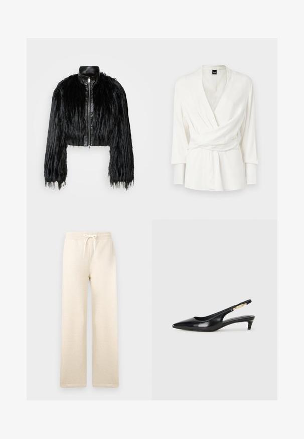 Mustan lyhyen takin yhdistelmä, jossa on pitkät tekoturkishihat, musta nahkakaulus ja etuvetoketju. Takissa on teksturoitu, karhea pinta.; Valkoinen kietaisupaita, jossa pitkät hihat, V-pääntie ja vyötäröllä vyöyksityiskohta. Valmistettu sileästä, laskeutuvasta kankaasta.; Vaaleankerman väriset collegehousut, jotka on valmistettu pehmeästä kankaasta. Niissä on joustava vyötärö, jossa on kiristettävä nauha, leveät lahkeet ja ei näkyviä kuvioita.; Mustat nahkaiset slingback-korkokengät, joissa on terävä kärki, ohuet korot ja kultasävytteinen yksityiskohta säädettävässä hihnassa. Silkkinen pinta.