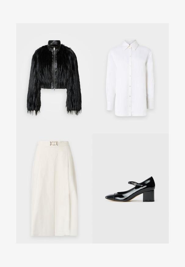 Jachetă scurtă neagră, care combină mânecile lungi din blană sintetică cu un guler din piele neagră și fermoar frontal, având o finisare texturată, zbârcită.; Cămașă albă din in, cu guler ascuțit, mâneci lungi și închidere cu nasturi. Prezintă o croială lejeră și o textură netedă.; Pantaloni largi din țesătură de bumbac alb. Au talie înaltă, plisat frontal și detaliu cu cataramă metalică. Textură netedă.; Rochie neagră din piele ecologică, tip Mary Jane, cu toc pătrat și curea cu cataramă, prezentată din lateral pe un fundal alb.