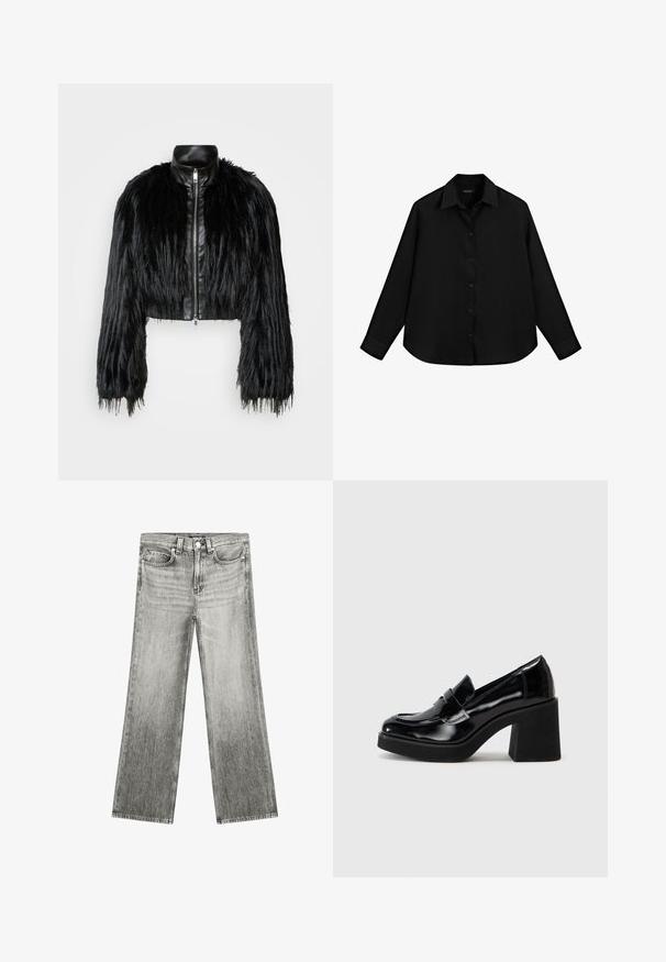 Černá zkrácená bunda kombinující dlouhé rukávy z umělé kožešiny s černým koženým límcem a předním zipem, s texturovaným, chlupatým povrchem.; Černá košile s dlouhým rukávem vyrobená z lehkého materiálu, s knoflíkovou přední částí, špičatým límcem a zaobleným lemem.; Šedé volné džíny s vysokým pasem, které mají pět kapes, vybledlou texturu a kontrastní prošití. Klasický denimový design.; Černé lakované kožené mokasíny s robustním blokovým podpatkem, vybavené zvýšeným švem a mašlí vpředu pro přidaný detail.