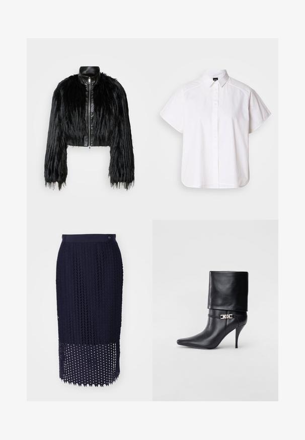 Schwarze, kurz geschnittene Jacke mit langen, gefälschten Pelzärmeln, einem schwarzen Lederkragen und einem Reißverschluss vorne, die eine strukturierte, fusselige Oberfläche hat.; Weißes kurzärmliges Hemd mit Knopfleiste, spitzem Kragen und abgerundetem Saum. Hergestellt aus Baumwolle mit glatter Textur und ohne sichtbare Muster.; Marineblaues Strick-Bleistiftrock mit strukturiertem Muster, geripptem Bund und einem Saum mit dreieckigen Ausschnitten.; Schwarze Leder-Ankle-Boots mit spitzer Zehenpartie, hohen Stiletto-Absätzen, umgeschlagenem Schaft und einem goldenen dekorativen Schnallen-Detail an der Knöchel.