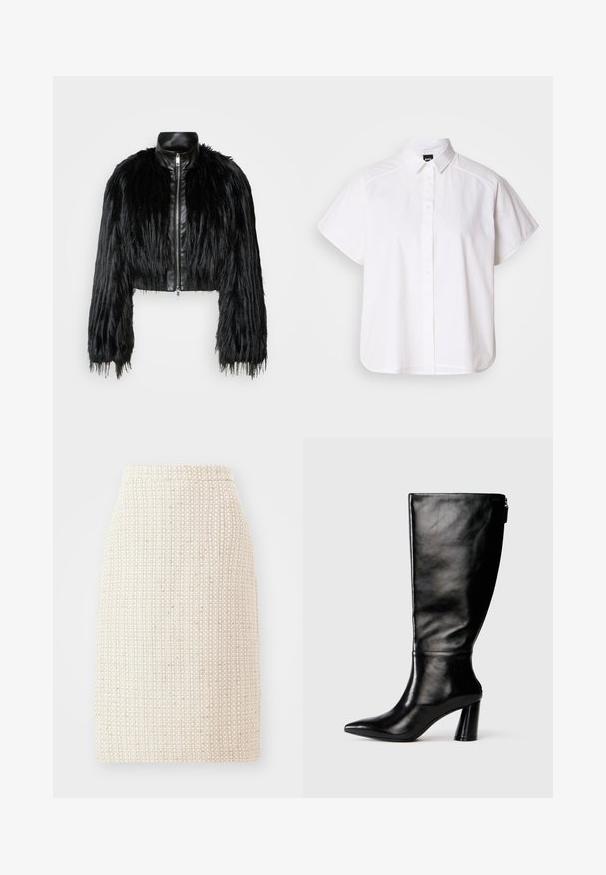 Schwarze, kurz geschnittene Jacke mit langen, gefälschten Pelzärmeln, einem schwarzen Lederkragen und einem Reißverschluss vorne, die eine strukturierte, fusselige Oberfläche hat.; Weißes kurzärmliges Hemd mit Knopfleiste, spitzem Kragen und abgerundetem Saum. Hergestellt aus Baumwolle mit glatter Textur und ohne sichtbare Muster.; A-Linien-Rock aus hellbeigem Gewebe mit gewebtem Muster. Hoch tailliertes Design mit geradem Schnitt und ohne sichtbare Verschlüsse.; Knöchelhohe schwarze Lederstiefel mit einer spitzen Zehe, glatter Oberfläche und einem klobigen Absatz. Verfügt über einen Reißverschluss hinten.
