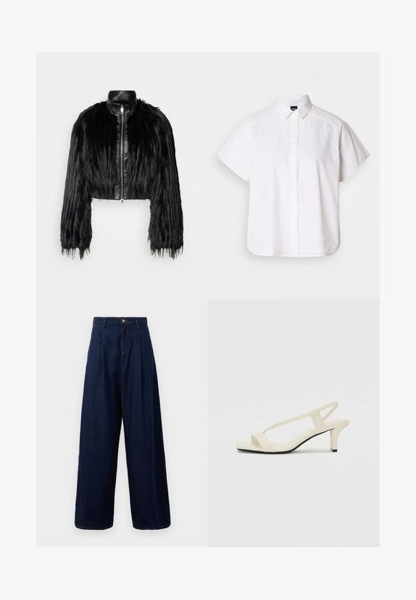 Juodas trumpas švarkas, derinantis ilgas dirbtinio kailio rankoves su juodu odiniu apykakle ir priekiniais užtrauktukais, turintis tekstūruotą, purų paviršių.; Balta trumpomis rankovėmis marškinėlių su atlenkiamu apykakle ir kreiva apačia. Pagaminta iš medvilnės, su sklandžiu paviršiumi ir be matomų raštų.; Tamsiai mėlynos džinsinės plačios kojų kelnės su aukštu liemeniu, raukšlėtu priekiniu dalimi ir klasikine sagčių uždarymu, turinčios šonines kišenes ir kontrastingą siuvinėjimą.; Kreminės blokų kulno šlepetės su plonomis dirželiais ir kvadratiniu pirštu. Lygus medžiaga su minimaliais akcentais, sukurtos lengvam dėvėjimui.