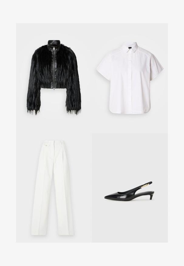 Melnā īsā jaka ar garām mākslīgā kažoka piedurknēm, melnu ādas apkakli un priekšējo rāvējslēdzēju, ar teksturētu, pūkainu apdari.; Balta īsajām piedurknēm krekls ar pogām un norādītu apkakli, kā arī viļņotu apakšmalu. Izgatavots no kokvilnas ar gludu tekstūru un bez redzamām rakstām.; Baltās brīvlaišu bikses ar pinceļiem, jostas cilpām un pogu aizdari. Gluda tekstūra, strukturēts dizains, piemērots dažādām ikdienas un svinīgām situācijām.; Melnas ādas slingback zābaki ar smailu purngalu, ar šauru papēdi un zelta krāsas akcentu uz regulējama siksniņas. Gluda tekstūra.