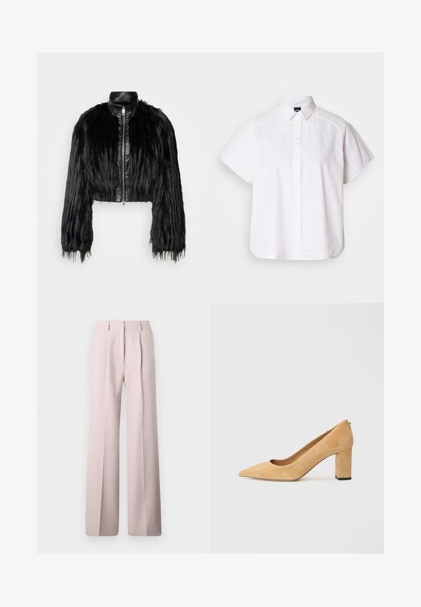 Čierna skrátená bunda kombinujúca dlhé rukávy z umelého kožušiny s čiernym koženým golierom a predným zipsom, so štruktúrovaným, strapcovitým povrchom.; Biela krátka košeľa s krátkym rukávom a výstrihom do špica, s oblým lemom. Vyrobená z bavlny s hladkou textúrou a bez viditeľných vzorov.; Svetloružové široké nohavice s hladkým povrchom, s prednými sklady a prispôsobeným pásom. Bez viditeľného kovania alebo vzorov.; Béžové semišové lodičky na vysokom podpätku s špicatou špičkou a robustným blokovým podpätkom. Materiál má jemnú textúru s hladkým povrchom.