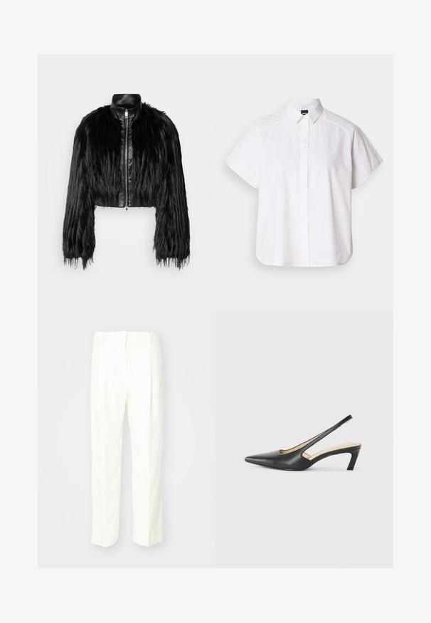 Čierna skrátená bunda kombinujúca dlhé rukávy z umelého kožušiny s čiernym koženým golierom a predným zipsom, so štruktúrovaným, strapcovitým povrchom.; Biela krátka košeľa s krátkym rukávom a výstrihom do špica, s oblým lemom. Vyrobená z bavlny s hladkou textúrou a bez viditeľných vzorov.; Biele elegantne nohavice s rovnou nohou, textúrovanou tkaninou, prednými záhybmi a plochým pásom s pútkami na opasok.; Čierne slingback topánky s ostrou špičkou a nízkym opätkom, vyrobené z hladkej kože a s výrezmi na boku pre lepšiu priedušnosť.