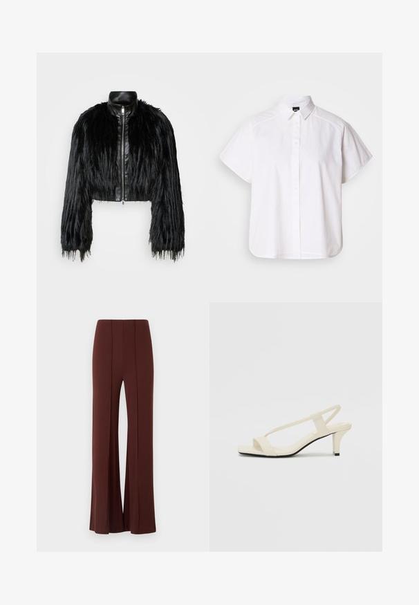 Must ikka, millel on pikad kunstkarvast varrukad, musta nahkdetailiga kaeluse ja ees oleva tõmblukuga, koos struktuurse, karvase viimistlusega.; Valge lühikeste varrukatega nööpidega särk, millel on terav krae ja kõver hems. Valmistatud puuvillast, millel on sile tekstuur ja nähtamatud mustrid.; Pruunid laiad püksid kõrge vöökoha ja siledast kangast, mis on varustatud vertikaalsete õmblustega ees ning puhta lõpetatud servaga.; Beez blok-kandadesed õhukeste rihmadega ja ruudukujulise varbaga. Sile materjal minimaalsete detailidega, kujundatud mugavaks kandmiseks.