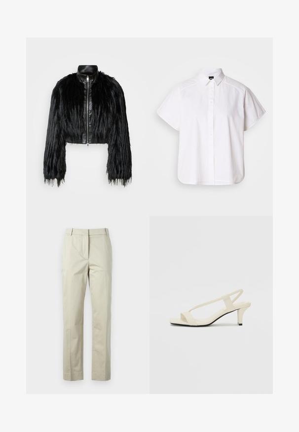 Melnā īsā jaka ar garām mākslīgā kažoka piedurknēm, melnu ādas apkakli un priekšējo rāvējslēdzēju, ar teksturētu, pūkainu apdari.; Balta īsajām piedurknēm krekls ar pogām un norādītu apkakli, kā arī viļņotu apakšmalu. Izgatavots no kokvilnas ar gludu tekstūru un bez redzamām rakstām.; Bežīgas kokvilnas bikses ar taisnām kājām, centrālo kroku un jostas cilpām. Tajās ir divi sānu kabatas un tīrs, pielāgots apdares stils.; Beige bloku papēžu sandales ar plānām siksnām un kvadrāta formas purngalu. Gluda materiāla virsma ar minimālām detaļām, paredzētas ērtai nēsāšanai.