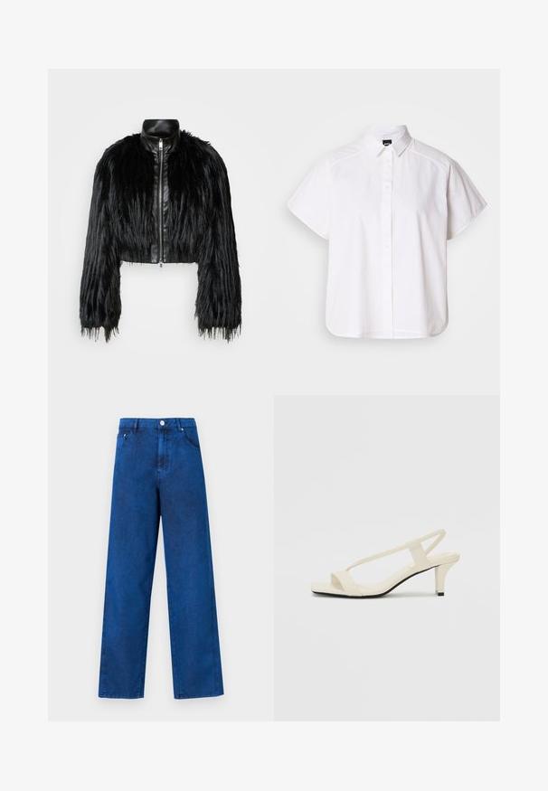 Fekete crop dzseki, amely hosszú műszőrme ujjakkal, fekete bőr gallérral és elöl cipzárral kombinálva, texturált, bolyhos felülettel rendelkezik.; Fehér, rövid ujjú, gombos ing, hegyes gallérral és ívelt alsó résszel. Pamutból készült, sima textúrával és látható minták nélkül.; Kék denim, magas derekú, bő szárú nadrág, varrás részletekkel, elülső zsebekkel és fémből készült gombos záródással.; Beige színű, blokksarkú szandálok vékony pántokkal és négyzet alakú orral. Simább anyag, minimális részletezéssel, amely könnyű viselésre lett tervezve.