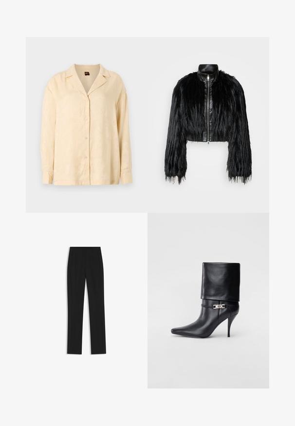 Mustan lyhyen takin yhdistelmä, jossa on pitkät tekoturkishihat, musta nahkakaulus ja etuvetoketju. Takissa on teksturoitu, karhea pinta.; Vaaleanbeige nappipaita, jossa on lovikaulus, pitkät hihat ja hillitty palmunlehden kuvio. Napit ovat sävysävyyn.; Mustat räätälöidyt housut suoran lahkeen designilla, joissa on etutaskut ja sileä, teksturoitu kangas. Siistit, minimalistiset yksityiskohdat.; Musta nahkasaapas nilkkapituudella, teräväkärkinen, korkea stiletto-korko, käännettävä varsi ja kultainen koristeellinen solki nilkassa.