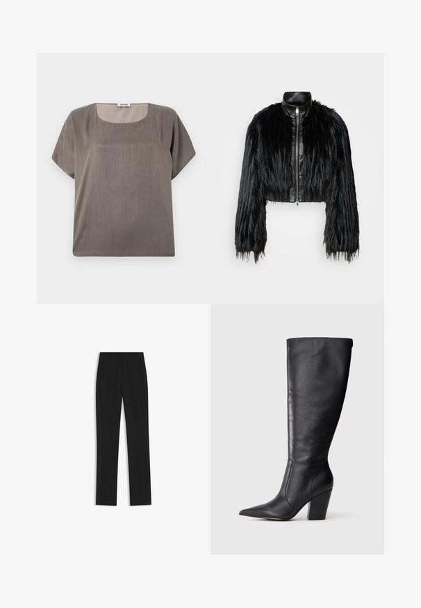 Giacca nera corta che combina maniche lunghe in pelliccia sintetica con un colletto in pelle nera e zip frontale, caratterizzata da una finitura testurizzata e shaggy.; Top maniche corte di colore grigio tenue, con scollo squadrato e vestibilità rilassata, realizzato in un tessuto leggero e strutturato.; Pantaloni neri su misura con un design a gamba dritta, dotati di tasche frontali e un tessuto liscio e strutturato. Dettagli ordinati e minimalisti.; Stivale in pelle nera al ginocchio con punta affilata e tacco alto spesso, mostrato in profilo laterale sinistro su sfondo bianco.