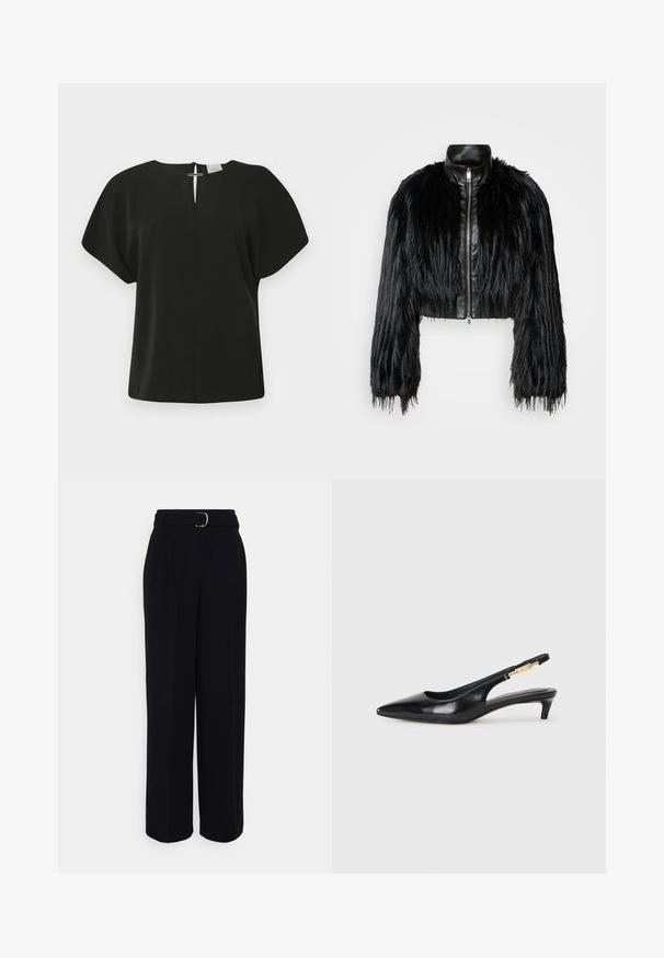 Black cropped jacket combining long faux fur sleeves with a black leather collar and front zipper, featuring a textured, shaggy finish.; Black short-sleeve blouse with a V-neck, featuring a back closure. Made of a smooth fabric, it has a relaxed fit and minimal design.; Black tailored pants with a wide-leg silhouette, featuring a belt with a silver buckle, pleats, and a smooth fabric texture.; Black leather slingback heels with a pointed toe, featuring a slim heel and a gold-tone accent on the adjustable strap. Smooth texture.