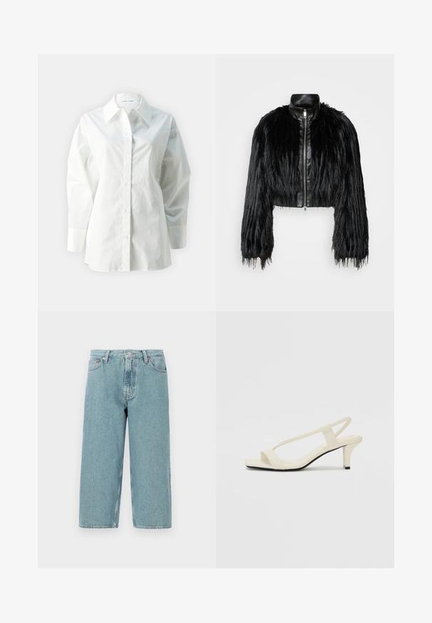 Zwart kort jasje met lange faux fur mouwen en een zwarte leren kraag en ritssluiting aan de voorkant, met een gestructureerde, harige afwerking.; Witte langetermijnsleeve shirt van katoen, met een puntkraag, knopen aan de voorkant en een losse pasvorm met gestuctureerde schouders.; Lichtblauwe denimshorts met een hoge taille, rechte snit en rauwe zoom. Voorzien van een klassieke knoop- en ritsluiting en vier zakken.; Beige blockhak sandalen met dunne bandjes en een vierkante neus. Glad materiaal met minimale details, ontworpen voor eenvoudig dragen.