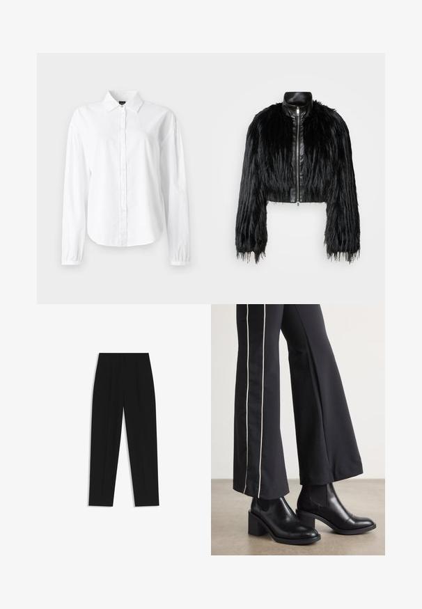 Black cropped jacket combining long faux fur sleeves with a black leather collar and front zipper, featuring a textured, shaggy finish.; White long-sleeve shirt with a collar, button front, and gathered cuffs. Made of soft, lightweight fabric with a smooth texture.; Black trousers with a straight fit, featuring double pleats, a smooth texture, and a classic waistband design. No visible hardware or accents.; Black leather ankle boots with a block heel, featuring elastic side panels. Paired with black pants that have a white side stripe.