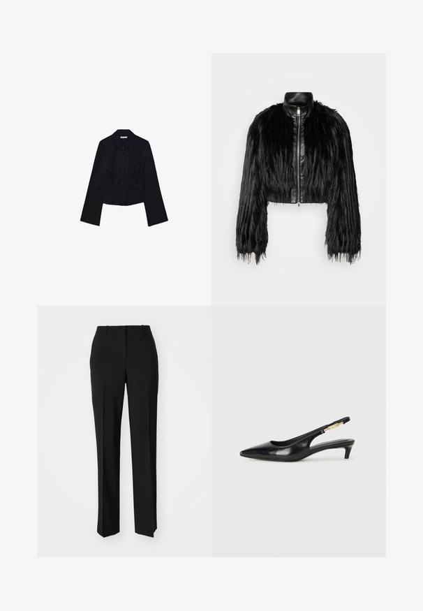 Crna skraćena jakna koja kombinira dugačke rukave od umjetnog krzna s crnim kožnim ovratnikom i prednjim zatvaračem, s teksturiranim, šaggy završetkom.; Crna skraćena košulja dugih rukava, s ovratnikom i kopčanjem sprijeda. Napravljena od glatkog materijala, s prilagođenim dizajnom i minimalnim detaljima.; Crne krojene hlače ravnog kroja, s glatkom teksturom i oštrim pregibima naprijed. Bez vidljivih metalnih dijelova.; Crne kožne sandale s petom, s izduženim vrhom, imaju usku petu i zlatni akcent na podesivoj traci. Glatka tekstura.