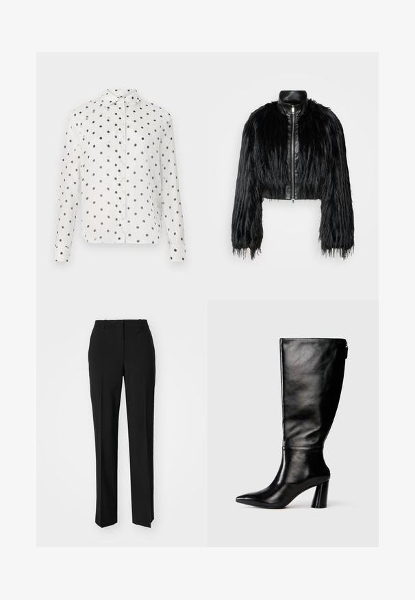 Jacket cropped preta que combina mangas longas de pelo sintético com um colarinho de pele sintética preto e fecho de correr frontal, apresentando um acabamento texturizado e desgrenhado.; Camisa branca de botão com bolinhas azuis marinhas, apresentando um colarinho clássico e mangas longas. Feita de tecido suave, com fechos de botão na frente.; Calças pretas de corte ajustado com um design de perna reta, apresentando uma textura lisa e pregas bem definidas na frente. Sem hardware visível.; Bota de couro preta até o joelho com bico fino, textura lisa e salto robusto. Possui um fecho de zíper na parte traseira.