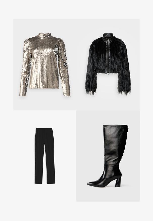Black cropped jacket combining long faux fur sleeves with a black leather collar and front zipper, featuring a textured, shaggy finish.; Long-sleeve, high-neck top covered in silver sequins. Features a smooth texture with a fitted silhouette and puffed shoulder design details.; Black tailored trousers with a straight-leg design, featuring front pockets and a smooth, textured fabric. Neat, minimal detailing.; Knee-high black leather boot with a pointed toe, smooth texture, and a chunky heel. Features a zipper detail at the back.