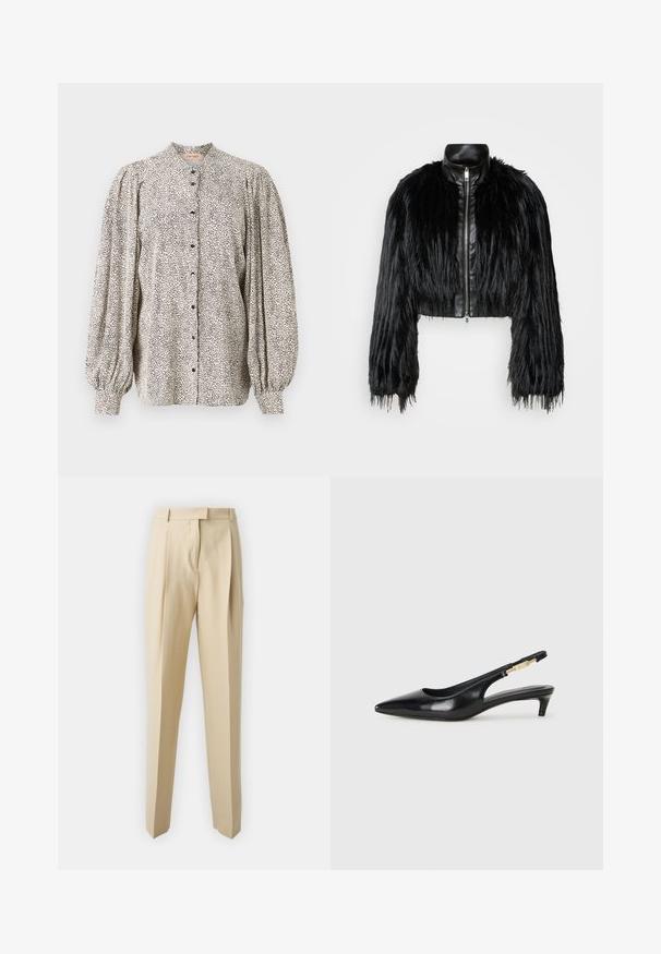 Must ikka, millel on pikad kunstkarvast varrukad, musta nahkdetailiga kaeluse ja ees oleva tõmblukuga, koos struktuurse, karvase viimistlusega.; Nupuvaba pluus, kerge kangas, valge mustade täpikestega print, kõrge kaelusega, puhvsevarvadega ja mustade nööbidega kinnitatud.; Beez värvi jalatsid, sirgete lõigetega, kergelt kortsulistedetailide, vöökoha ja siledaga tekstuuriga. Ei ole nähtavaid taskuid ega kaunistusi.; Mustad nahast slingback kontsad terava ninaga, millel on õhuke konts ja kuldse tooni aktsent reguleeritaval rihmal. Sile tekstuur.