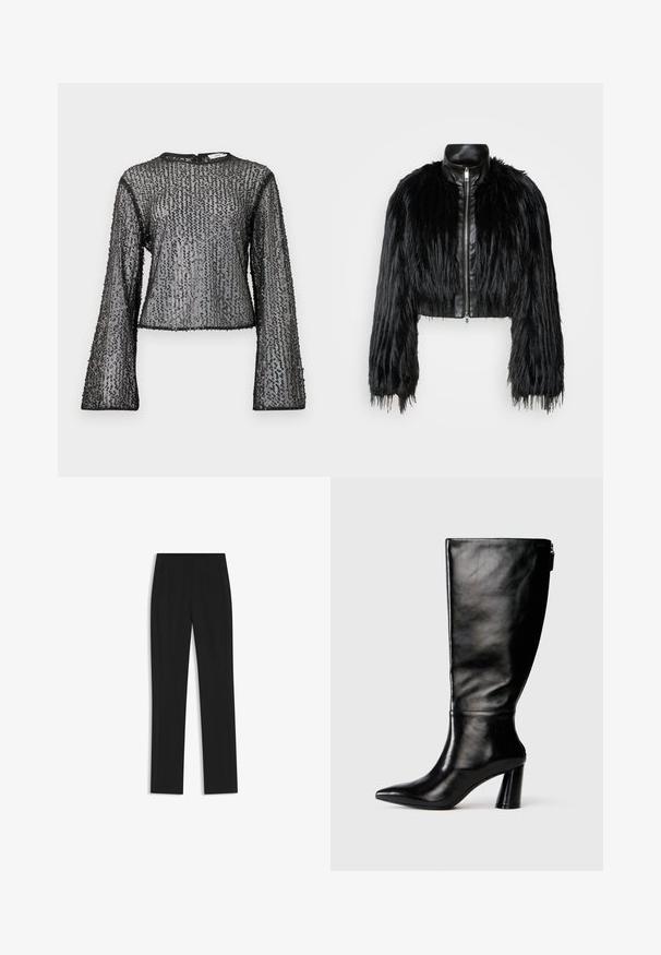 Giacca nera corta che combina maniche lunghe in pelliccia sintetica con un colletto in pelle nera e zip frontale, caratterizzata da una finitura testurizzata e shaggy.; Top nero a maniche lunghe con design trasparente, caratterizzato da paillettes testurizzate e scollatura rotonda. Bordo rifinito con rifiniture nere.; Pantaloni neri su misura con un design a gamba dritta, dotati di tasche frontali e un tessuto liscio e strutturato. Dettagli ordinati e minimalisti.; Stivale in pelle nera, alto fino al ginocchio, con punta affusolata, superficie liscia e tacco spesso. Presenta un dettaglio con zip sul retro.