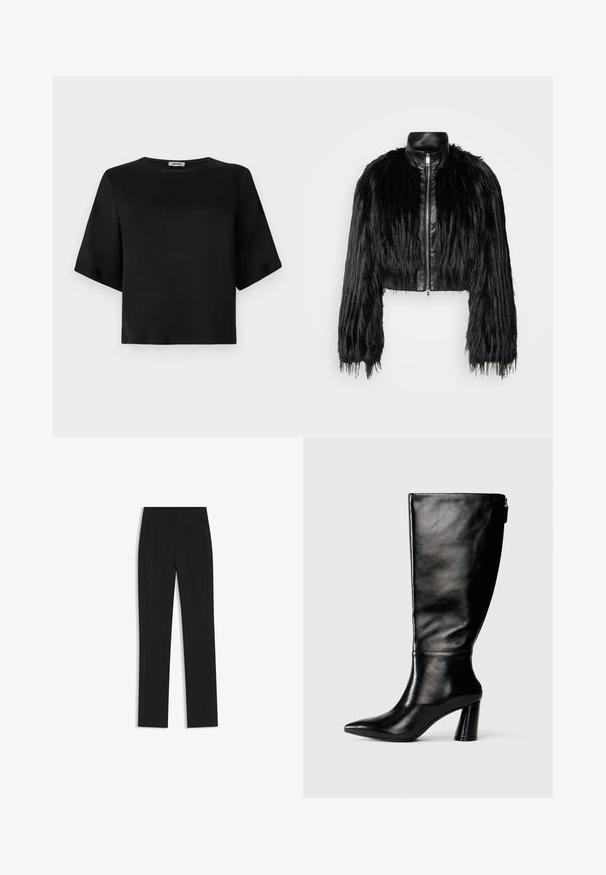 Black cropped jacket combining long faux fur sleeves with a black leather collar and front zipper, featuring a textured, shaggy finish.; Black short-sleeve top with a rounded neckline, made from smooth fabric. The design features a boxy silhouette and a clean finish.; Black tailored trousers with a straight-leg design, featuring front pockets and a smooth, textured fabric. Neat, minimal detailing.; Knee-high black leather boot with a pointed toe, smooth texture, and a chunky heel. Features a zipper detail at the back.
