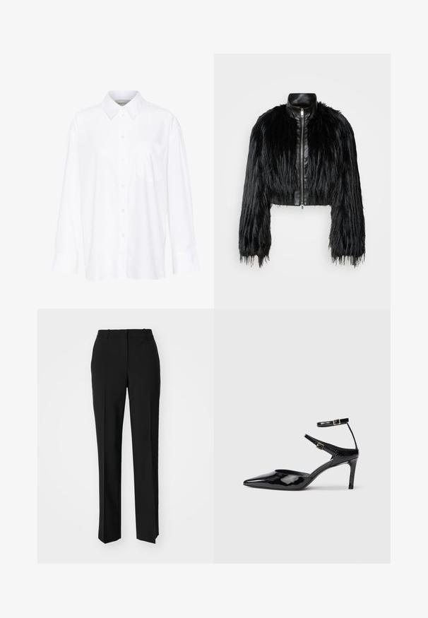 Juodas trumpas švarkas, derinantis ilgas dirbtinio kailio rankoves su juodu odiniu apykakle ir priekiniais užtrauktukais, turintis tekstūruotą, purų paviršių.; Balta ilgomis rankovėmis marškiniai su apykakle, pagaminti iš medvilnės. Su mygtukų užsegimu priekyje ir viena krūtinės kišenė. Lygus paviršius, laisvas siluetas.; Juodi pritaikyti kelnių modeliai su tiesiomis kojomis, pasižyminčios lygiomis tekstūromis ir ryškiomis klostėmis priekyje. Nėra matomų detalių.; Juodos lakinės odos aukštakulnės su smailiu koja, reguliuojamais kulkšnies dirželiais ir lieknu kulnu. Lygus paviršius su blizgiu apdaila.