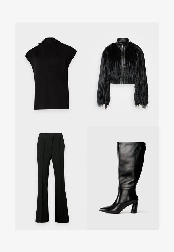 Juodas trumpas švarkas, derinantis ilgas dirbtinio kailio rankoves su juodu odiniu apykakle ir priekiniais užtrauktukais, turintis tekstūruotą, purų paviršių.; Juodas aukštu kaklu megztinis su trumpomis rankovėmis, pasižymintis asimetrine forma ir ilga kaklo juostele. Pagamintas iš lygios medžiagos, su minimalistiniu stiliumi.; Juodos spalvos platėjančios kelnės iš sklandžios medžiagos, su aukštu juosmeniu ir dviem mygtukais, priekinių raukšlių detalėmis, suteikiančiomis pritaikytą išvaizdą.; Juodai odiniai aukštakulniai batai iki kelių su smailiu nosimi, lygiu paviršiumi ir stambiu kulnu. Yra užtrauktuko detalė gale.