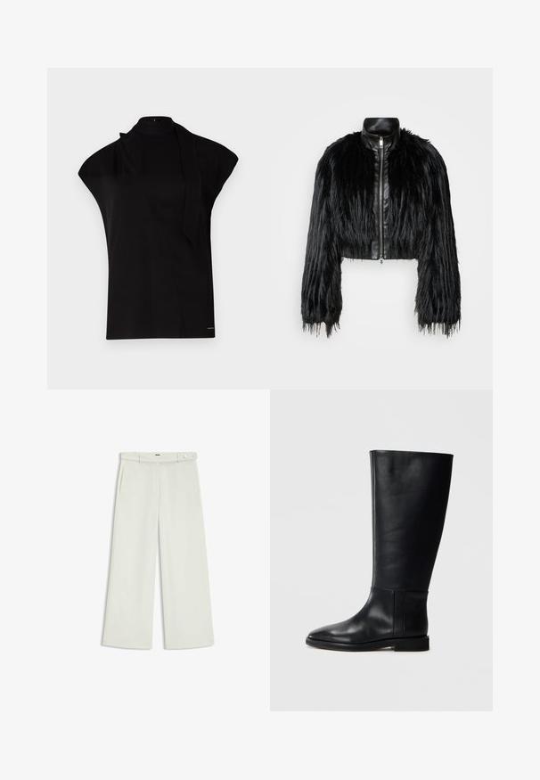 Giacca nera corta che combina maniche lunghe in pelliccia sintetica con un colletto in pelle nera e zip frontale, caratterizzata da una finitura testurizzata e shaggy.; Top nero a collo alto con maniche a cappuccio, caratterizzato da un design asimmetrico e una lunga cravatta al collo. Realizzato in tessuto liscio con un look minimalista.; Pantaloni a gamba larga in tessuto crema chiaro, dotati di tasche laterali, frontale liscio e chiusura a un bottone in vita. Texture morbida.; Stivale in pelle nera al ginocchio con punta arrotondata, texture liscia, design minimalista e suola piatta. Dettagli di cucitura semplici sulla gamba.