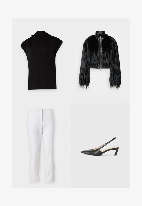 Fekete crop dzseki, amely hosszú műszőrme ujjakkal, fekete bőr gallérral és elöl cipzárral kombinálva, texturált, bolyhos felülettel rendelkezik.; Fekete, magas nyakú felső, kapucnis ujjakkal, aszimmetrikus dizájnnal és hosszú nyakkendővel. Simább anyagból készült, minimalista megjelenéssel.; Fehér pamut nadrág egyenes lábformával, közepes derékkal, látható fémrészek vagy minták nélkül. Sima textúra az egész anyagon.; Fekete, hegyes orrú, slingback cipő alacsony sarkával, sima bőrből készült, oldalt kivágott deisgnal a légáteresztőképesség érdekében.