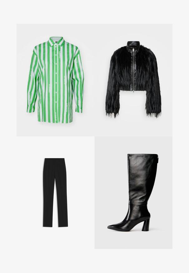 Schwarze, kurz geschnittene Jacke mit langen, gefälschten Pelzärmeln, einem schwarzen Lederkragen und einem Reißverschluss vorne, die eine strukturierte, fusselige Oberfläche hat.; Grün-weißer gestreifter Hemd mit langen Ärmeln, Knopfverschluss vorne und wiederholtem Textmuster mit der Aufschrift "Sport" in Weiß. Aus Baumwollmaterial.; Schwarze maßgeschneiderte Hose mit geradem Bein, ausgestattet mit Fronttaschen und einem glatten, strukturierten Stoff. Saubere, minimale Details.; Knöchelhohe schwarze Lederstiefel mit einer spitzen Zehe, glatter Oberfläche und einem klobigen Absatz. Verfügt über einen Reißverschluss hinten.