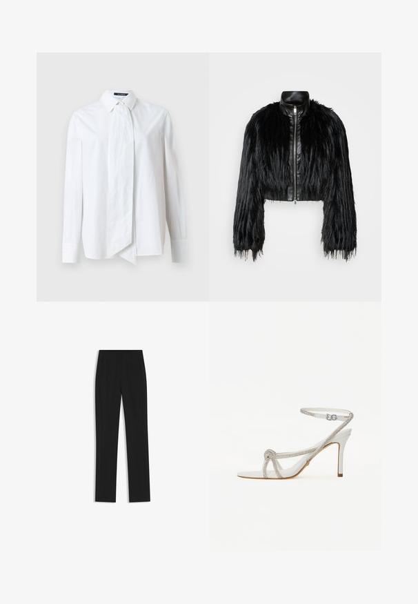 Giacca nera corta che combina maniche lunghe in pelliccia sintetica con un colletto in pelle nera e zip frontale, caratterizzata da una finitura testurizzata e shaggy.; Camicia bianca con bottoni e maniche lunghe, decorata con un grande fiocco all-collo, realizzata in tessuto liscio con una texture fresca.; Pantaloni neri su misura con un design a gamba dritta, dotati di tasche frontali e un tessuto liscio e strutturato. Dettagli ordinati e minimalisti.; Sandal con tacco alto bianco con cinturino testurizzato e strass, design aperto sulla punta e cinturino alla caviglia con fibbia regolabile.