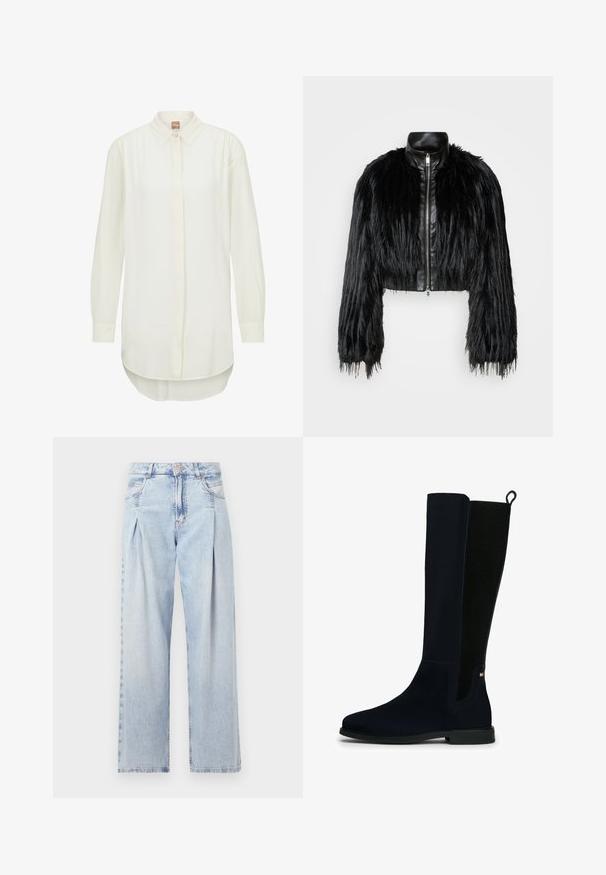 Sort cropped jakke med lange faux fur ærmer, en sort læderkrave og lynlås foran, med en tekstureret, shaggy finish.; Hvid langærmet skjorte med krave, knappet fortil og let buet kant. Glat stof med en afslappet pasform.; Lyseblå denim jeans med høj talje, bred benåbning, to sidelommer og plisseret design. Blød tekstur med et falmet finish.; Høj sort ruskindstøvle med ribbet elastisk bagpanel, trækstrop, lav hæl og lille rektangulært logo nær anklen på en hvid baggrund.