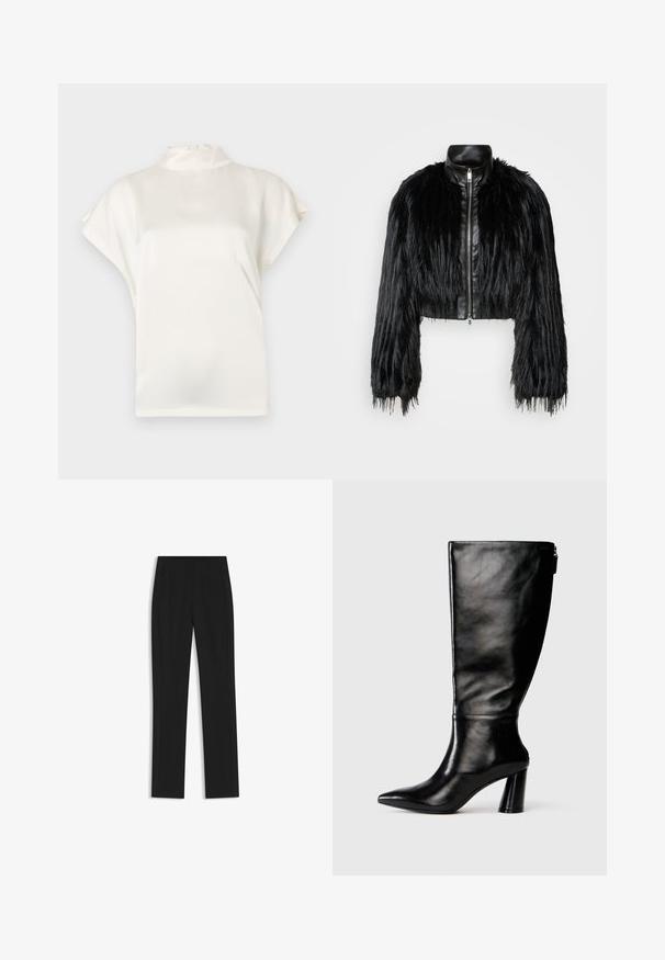 Schwarze, kurz geschnittene Jacke mit langen, gefälschten Pelzärmeln, einem schwarzen Lederkragen und einem Reißverschluss vorne, die eine strukturierte, fusselige Oberfläche hat.; Cremefarbene Bluse mit hohem Kragen und kurzen Ärmeln, aus glattem Stoff gefertigt. Sie hat einen dezenten Glanz und einen Knopfverschluss am hinteren Halsauschnitt.; Schwarze maßgeschneiderte Hose mit geradem Bein, ausgestattet mit Fronttaschen und einem glatten, strukturierten Stoff. Saubere, minimale Details.; Knöchelhohe schwarze Lederstiefel mit einer spitzen Zehe, glatter Oberfläche und einem klobigen Absatz. Verfügt über einen Reißverschluss hinten.