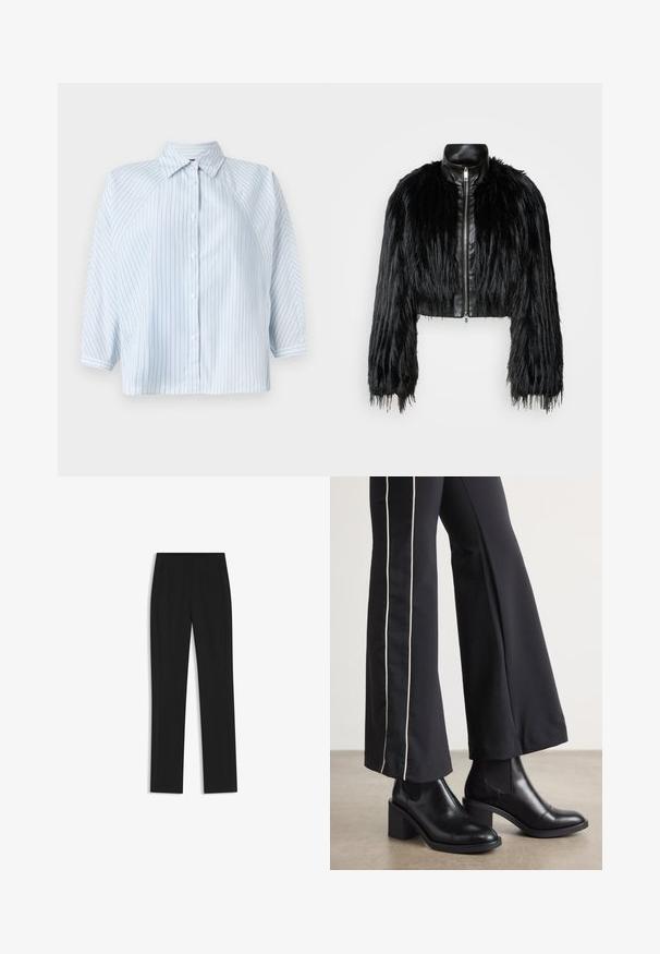 Black cropped jacket combining long faux fur sleeves with a black leather collar and front zipper, featuring a textured, shaggy finish.; Light blue striped button-up shirt, featuring a collar, 3/4 sleeves, and a cropped hem. Made of smooth fabric with a regular fit.; Black tailored trousers with a straight-leg design, featuring front pockets and a smooth, textured fabric. Neat, minimal detailing.; Black leather ankle boots with a block heel, featuring elastic side panels. Paired with black pants that have a white side stripe.