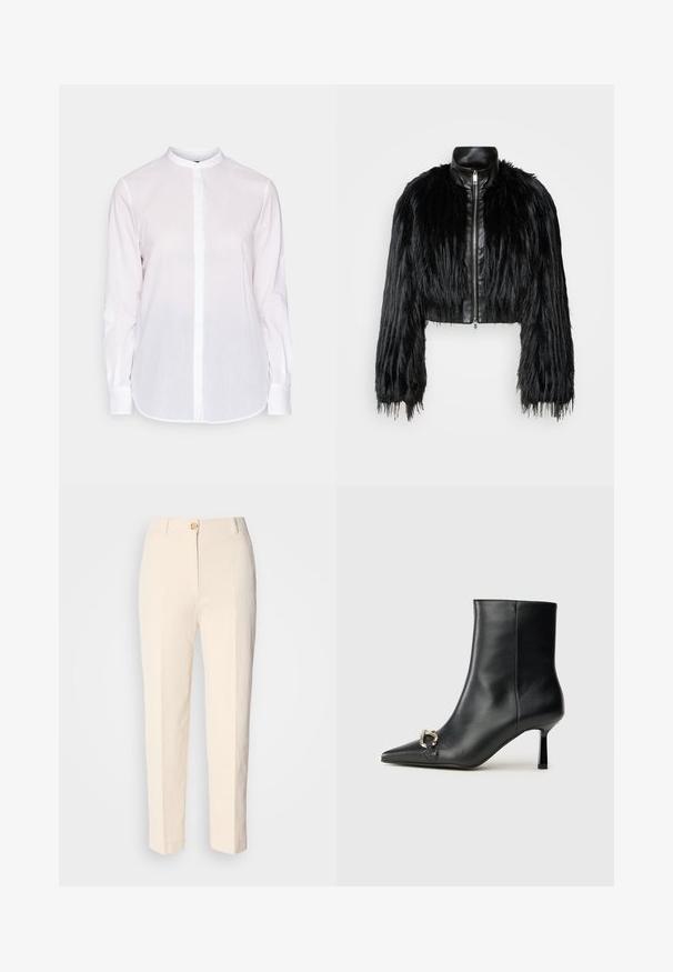 Črn skrajšan jopič, ki združuje dolge rokave iz umetnega krzna s črnim usnjenim ovratnikom in sprednjim zadrgo, z dokaj teksturiranim, kosmatim zaključkom.; Bela dolgimi rokavi srajca z mandarin ovratnikom, sprednjim gumbom in rahlo ukrivljenim robom. Narejena iz lahke, teksturirane tkanine.; Kremne hlače z visokim pasom, izdelane iz teksturirane tkanine. Imajo sprednje zapiranje na gumb in ožje noge.; Črne usnjene gležnjarje s koničastim nosom, ozkim srednjem petam in srebrno zaponko na strani na enobarvni podlagi.
