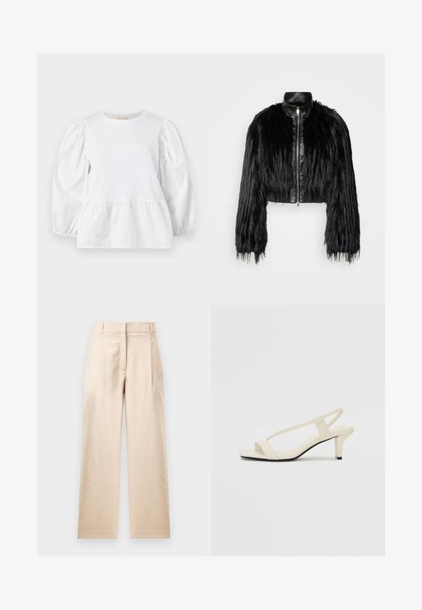 Veste noire courte associant de longues manches en fausse fourrure à un col en cuir noir et une fermeture éclair à l'avant, dotée d'une finition texturée et shaggy.; Blouse blanche avec un col rond, des manches longues bouffantes et un ourlet à volants en plusieurs niveaux. Fabriquée en tissu lisse sans motifs ni matériel visible.; Pantalon beige en tissu lisse. Présente une coupe droite, un devant plat et deux plis. Sans motifs visibles ni accessoires.; Sandales beiges à talons carrés avec des fines brides et un bout carré. Matière lisse avec des détails minimaux, conçues pour un port facile.