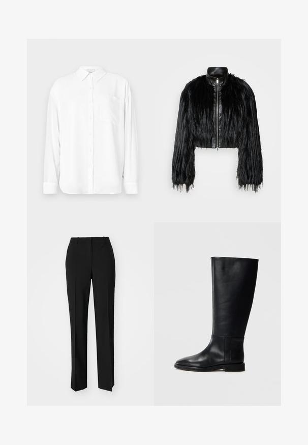 Melnā īsā jaka ar garām mākslīgā kažoka piedurknēm, melnu ādas apkakli un priekšējo rāvējslēdzēju, ar teksturētu, pūkainu apdari.; Baltas garām piedurknēm krekls, izgatavots no gludas auduma, ar klasisku apkakli, pogu priekšpusi un krūšu kabatu kreisajā pusē.; Melnas pielāgotas bikses ar taisnu kāju dizainu, kas raksturojas ar gludu faktūru un asiem krokām pa priekšu. Nav redzamu metāla detaļu.; Melnas ādas līdzceļgala zābaki ar noapaļotu pirkstu, gludu tekstūru, minimālistisku dizainu un plakanu zoli. Vienkāršas šuvju detaļas uz zābaku augšdaļas.