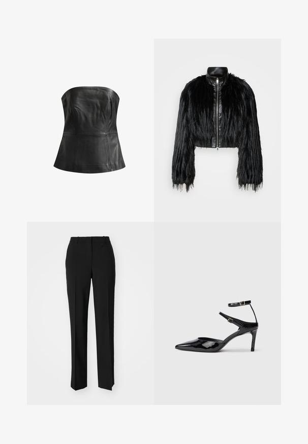 Melnā īsā jaka ar garām mākslīgā kažoka piedurknēm, melnu ādas apkakli un priekšējo rāvējslēdzēju, ar teksturētu, pūkainu apdari.; AllSaints IMAGO BODICE - Tops - black; Melnas pielāgotas bikses ar taisnu kāju dizainu, kas raksturojas ar gludu faktūru un asiem krokām pa priekšu. Nav redzamu metāla detaļu.; Melnas lakuotas ādas apavus ar smailu purngalu, regulējamiem potīšu siksniņām un šahtu papēdi. Gluda tekstūra ar spīdīgu apdari.