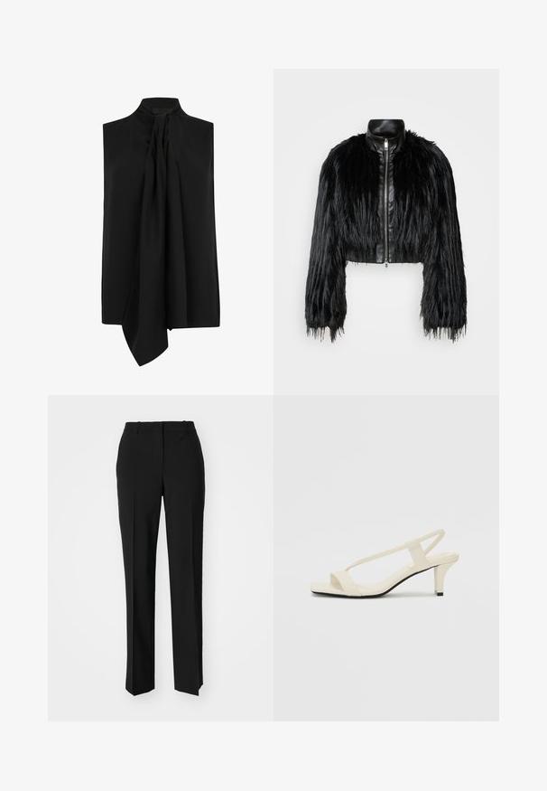 Črn skrajšan jopič, ki združuje dolge rokave iz umetnega krzna s črnim usnjenim ovratnikom in sprednjim zadrgo, z dokaj teksturiranim, kosmatim zaključkom.; Črn brezrokavnik iz gladkega materiala, z visokim ovratnikom in drapiranim trakom spredaj, udobne oblike in čistih linij.; Črne krojene hlače s direktnim krojem, ki se ponašajo z gladko teksturo in ostrimi pregibi spredaj. Ni vidne kovine.; Bež sandale z blok peto, tankimi trakovi in kvadratnim prstom. Gladek material z minimalnim okrasjem, zasnovan za enostavno nošenje.
