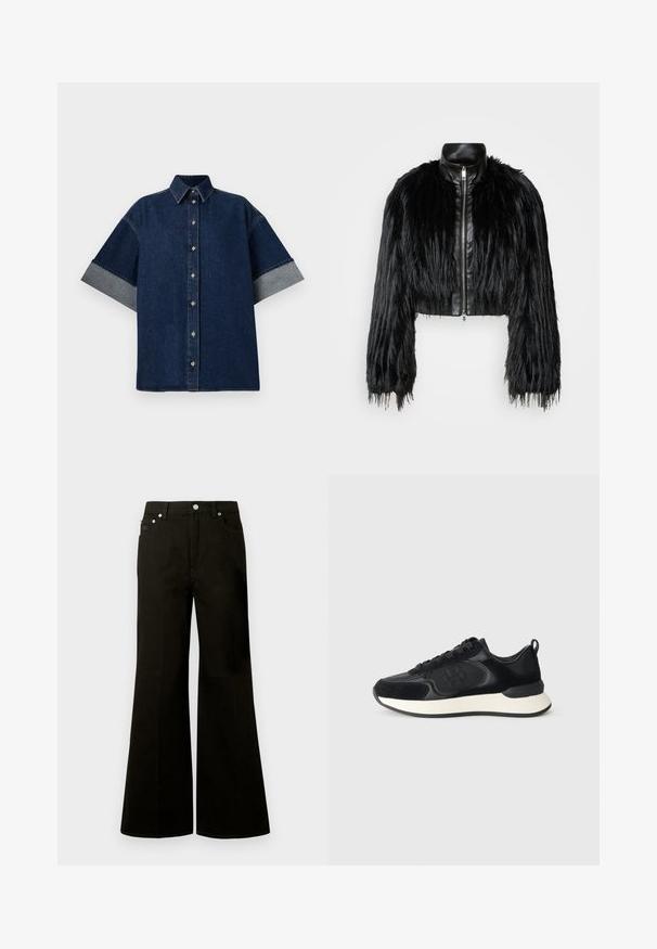 Crna skraćena jakna koja kombinira dugačke rukave od umjetnog krzna s crnim kožnim ovratnikom i prednjim zatvaračem, s teksturiranim, šaggy završetkom.; Tamna traper košulja s kratkim, podignutim rukavima od svjetlijeg trapera. Ima klasičnu ovratnik i prednje gumbe. Glatka tekstura, ležeran dizajn.; Crne traperice širokih nogavica s visokim strukom, prednjim gumbom i patentnim zatvaračem, petljama za remen i pet džepova, uključujući mali džep za novčiće.; Crne atletske cipele s glatkim gornjim dijelom od kože, akcentima od antilopa, okruglim vrhom i kontrastnim bijelim međupotplatom. Imaju vezanje i detalj s logotipom.