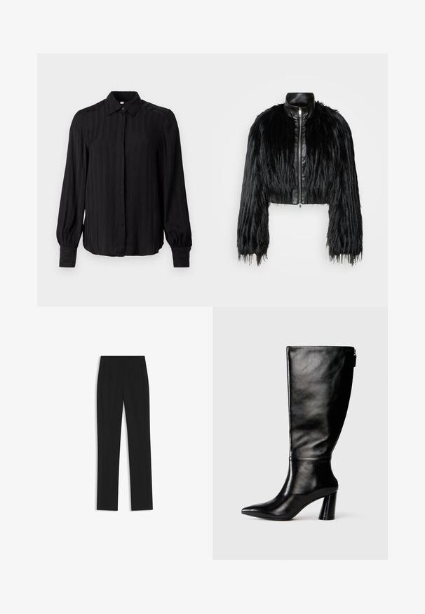 Chaqueta negra corta que combina mangas largas de piel sintética con un collar de cuero negro y cremallera frontal, con un acabado texturizado y despeinado.; Camisa negra de manga larga hecha de una tela suave con rayas verticales, un cuello, cierre delantero de botones y puños fruncidos.; Pantalones de traje negros con un diseño de pierna recta, que cuentan con bolsillos delanteros y una tela suave y texturizada. Detalles limpios y minimalistas.; Bota de cuero negro hasta la rodilla con punta afilada, textura suave y un tacón grueso. Presenta un detalle de cremallera en la parte de atrás.