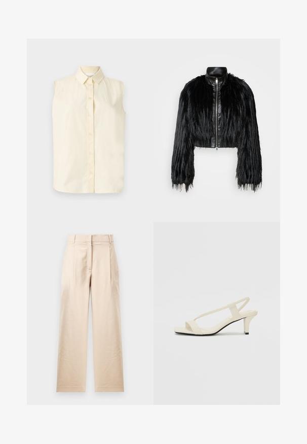 Jachetă scurtă neagră, care combină mânecile lungi din blană sintetică cu un guler din piele neagră și fermoar frontal, având o finisare texturată, zbârcită.; Cămașă fără mâneci, cu nasturi, de culoare galben deschis, cu un guler clasic și cinci nasturi pe față, având un finisaj de țesătură netedă și texturată.; Pantaloni bej din material netedom. Au o croială dreaptă, față plată și două pliuri. Fără modele vizibile sau accesorii.; Sandale bej cu toc bloc, cu bretele subțiri și vârf pătrat. Material neted cu detalii minime, concepute pentru a fi ușor de purtat.